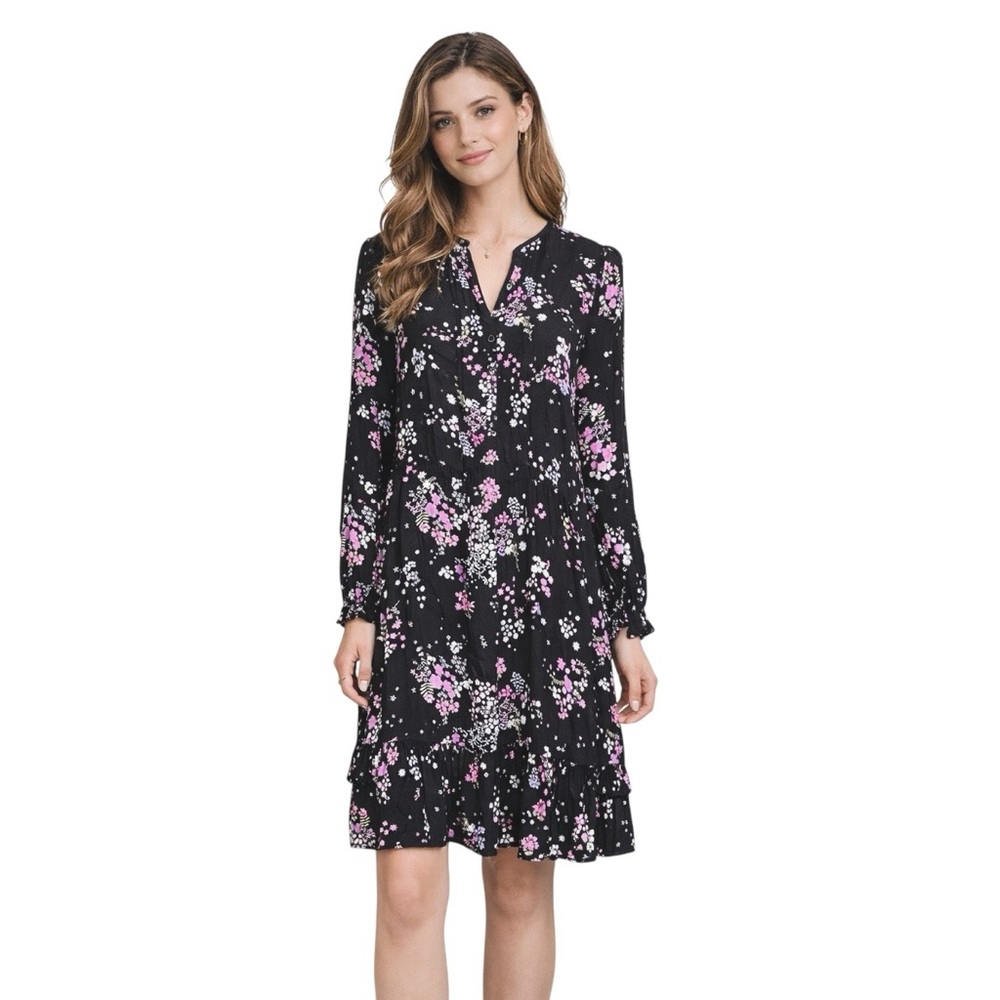Black Floral Long-Sleeve V-Neck Viscose Dress Ruffle Hem Pink & White Floral